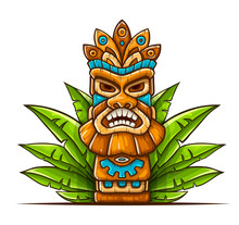 Tiki Traditional Hawaiian Tribal Mask With Human Face In Green