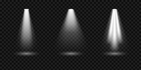 creative vector illustration of bright lighting spotlights set, light sources isolated on transparen