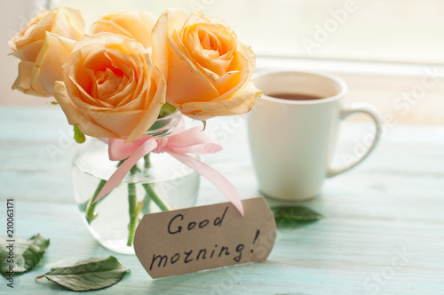 The Inscription With A Good Morning Yellow Roses And A Cup Of