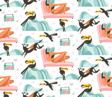 Hand Drawn Vector Abstract Graphic Cartoon Summer Time Flat Illustrations Seamless Pattern With Girls Characters Relax On The Beach With Tropical Toucan Birds Isolated On White Background