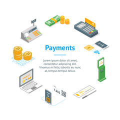 Wall Mural - Payment Methods Banner Card Circle Isometric View. Vector