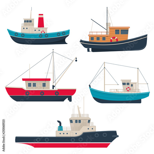Fotomural Set of different working fishing boats and tug boats