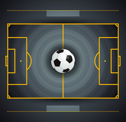 Football field with circular grass texture and soccer ball, black and yellow color combination vector illustration.