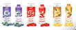 Set of yogurt in bottles  and boxes with fruit and berries. Blueberry, raspberry and pineapple. Design template. Vector