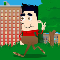 Schoolboy showing the V sign. Vector cartoon character illustration.