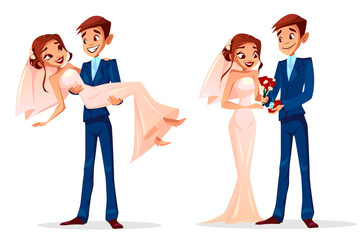 Couple wedding vector illustration of man and woman just married for greeting card design template. Happy bridegroom with diamond ring, holding bride on hands in wedding dress with red roses flowers