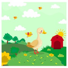 Sticker - cute funny little duck standing alone in farm yard cartoon character