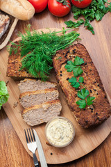 Wall Mural - Traditional delicious meat pate with chicken liver on cutting board