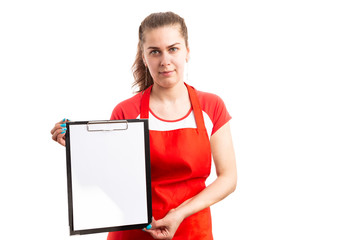 Poster -  Female supermarket or retail employee presenting empty clipboard.