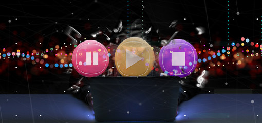 Poster - Man holding a Music button and notes playing  3d rendering