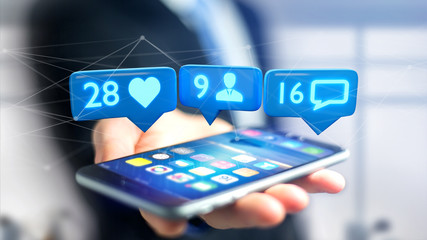 Poster - Businessman using a  smartphone with a Like, Follower and message notification on social network - 3d render