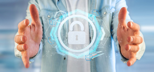 Poster - Man holding a padlock web security concept 3d rendering