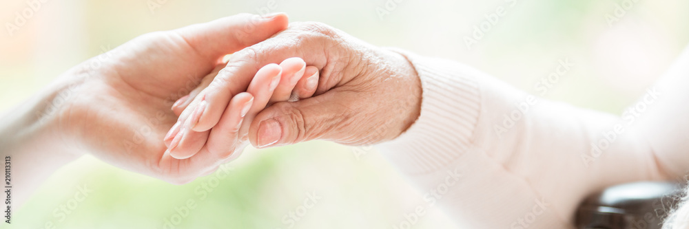 Close-up of tender gesture between two generations. Young woman holding hands with a senior lady. Blurred background. Panorama. - obrazy, fototapety, plakaty 