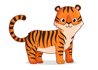 Wall Mural - Cute tiger stands on a white background. Vector illustration with a predator on a white background in cartoon style.