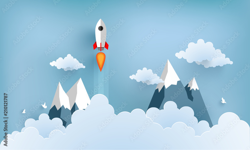 rocket illustration flying over cloud. beautiful scenery with white clouds - obrazy, fototapety, plakaty 