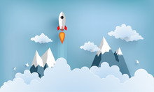 Rocket Illustration Flying Over Cloud. Beautiful Scenery With White Clouds