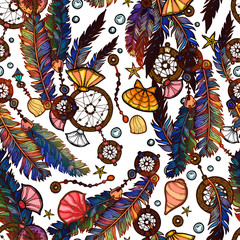  Ethnic feather seamless pattern in boho style.