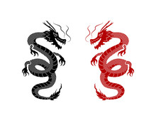 Vector Black And Red Oriental Dragons On White Background, Tattoo Art, Graphic Elements.