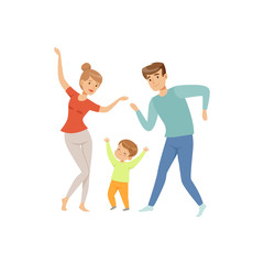 Poster - Mom and dad dancing with their little son, happy family and parenting concept vector Illustration on a white background