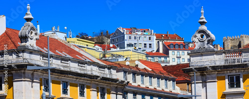 Plakat Lisbon, Portugalia punkt zwrotny, kwadrat handlu domów sztandaru kolorowa panorama