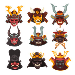 Sticker - Ancient Samurai warrior war masks set, symbols of traditional Japanese culture vector Illustration on a white background