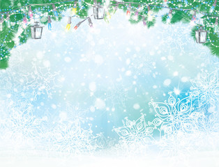 Wall Mural - vector christmas background. fir branches, decorations on blue, bokeh, snowflakes background.