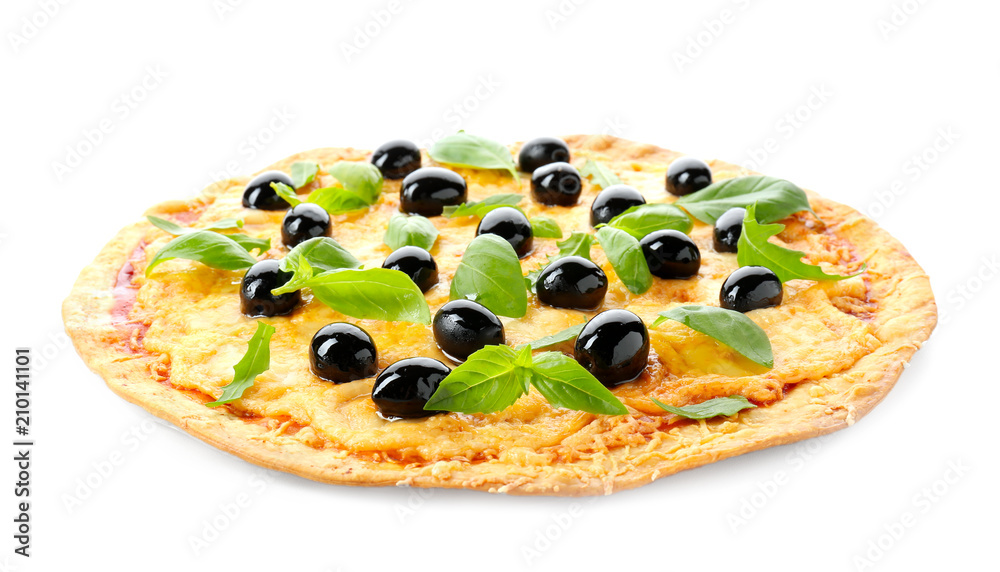 Tasty pizza with olives on white background