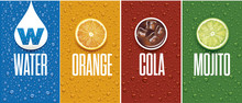 Drinks And Juice Background With Drops And Orange And Lime Slice
