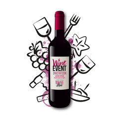 Wall Mural - Background wine icons drawn with strokes. Wine bottle illustration. Red wine stains background. Idea for wine event, wine tasting, party with food and drink.