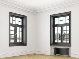 Classic scandinavian white empty interior with windows, parquet and heating batteries. Corner view.