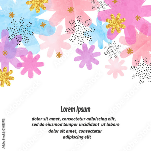 Abstract vector celebration background with colorful watercolor flowers and p...
