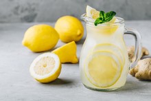 Homemade Refreshing Summer Lemonade Drink With Lemon Slices, Ginger And Ice