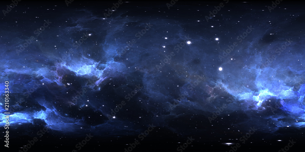 360 degree space nebula panorama, equirectangular projection, environment map. HDRI spherical panorama. Space background with nebula and stars. - obrazy, fototapety, plakaty 