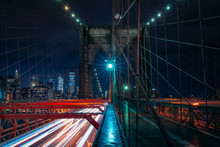 Light Trails On Brooklyn Bridge At Night
