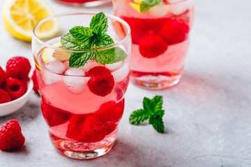 Cold drink Raspberry Lemonade with mint in glass.