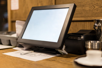 Point of sale POS touchscreen terminal.  Tablet for waiter to make and send orders.  Cafe administrator table with mobile printer and hall scheme. White empty screen for copy space