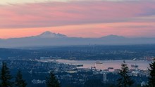 Ultra High Definition 4k Timelapse Movie Of Moving Clouds And Sky Over Vancouver British Columbia Canada And Mt Baker In Washington State From Cypress Lookout Early Morning Into Beautiful Sunrise