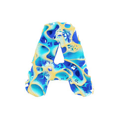 Fototapete - Sea alphabet letter A uppercase. Tropical exotic font made of blue wavy water and yellow sand. 3D render isolated on white background.