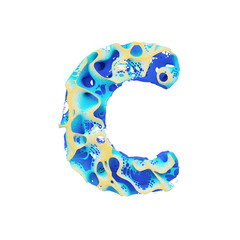 Fototapete - Sea alphabet letter C uppercase. Tropical exotic font made of blue wavy water and yellow sand. 3D render isolated on white background.