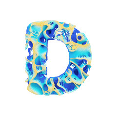Fototapete - Sea alphabet letter D uppercase. Tropical exotic font made of blue wavy water and yellow sand. 3D render isolated on white background.