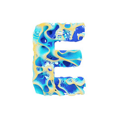 Fototapete - Sea alphabet letter E uppercase. Tropical exotic font made of blue wavy water and yellow sand. 3D render isolated on white background.
