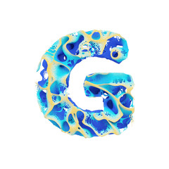Fototapete - Sea alphabet letter G uppercase. Tropical exotic font made of blue wavy water and yellow sand. 3D render isolated on white background.