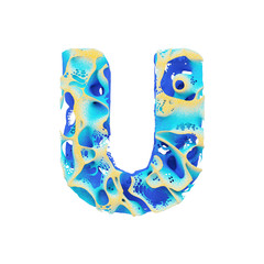 Fototapete - Sea alphabet letter U uppercase. Tropical exotic font made of blue wavy water and yellow sand. 3D render isolated on white background.
