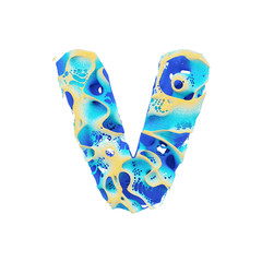Fototapete - Sea alphabet letter V uppercase. Tropical exotic font made of blue wavy water and yellow sand. 3D render isolated on white background.