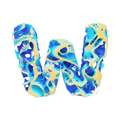 Fototapete - Sea alphabet letter W uppercase. Tropical exotic font made of blue wavy water and yellow sand. 3D render isolated on white background.