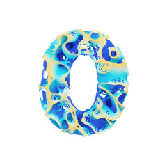 Fototapete - Sea alphabet number 0. Tropical exotic font made of blue wavy water and yellow sand. 3D render isolated on white background.
