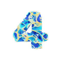 Fototapete - Sea alphabet number 4. Tropical exotic font made of blue wavy water and yellow sand. 3D render isolated on white background.