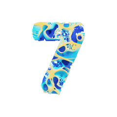 Fototapete - Sea alphabet number 7. Tropical exotic font made of blue wavy water and yellow sand. 3D render isolated on white background.