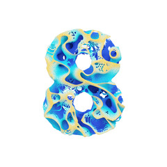 Fototapete - Sea alphabet number 8. Tropical exotic font made of blue wavy water and yellow sand. 3D render isolated on white background.