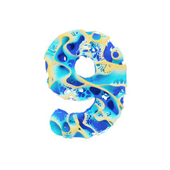 Fototapete - Sea alphabet number 9. Tropical exotic font made of blue wavy water and yellow sand. 3D render isolated on white background.